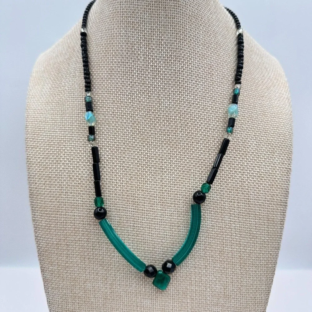 Vintage 80s Glass Bead‎ Necklace Deco Style Geometric Statement Fashion Jewelry
